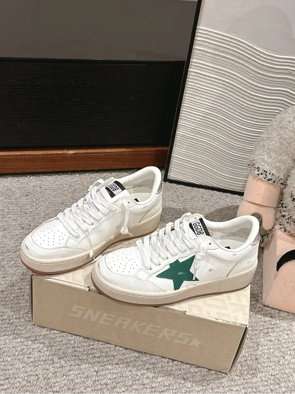 Golden Goose White Low-Top Sneakers with Green Star